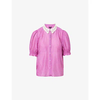 Me And Em Womens  Crosses-print Puffed-short-sleeves Cotton And Silk Blouse In Iris Purple/light Cr