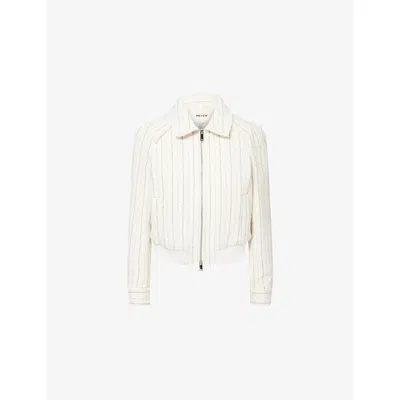 Me And Em And Em Womens Ivory Textured Stripe Bomber Linen-blend Jacket In White