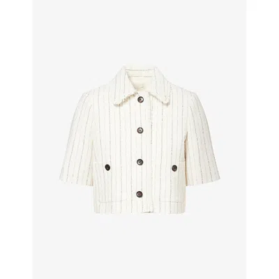 Me And Em And Em Womens Ivory Textured Stripe Cropped Cotton And Linen Blend Jacket In White