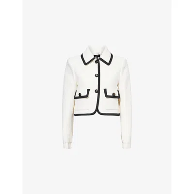 Me And Em And Em Womens Ivory/black Contrast-trim Cropped Tweed Jacket In Multi