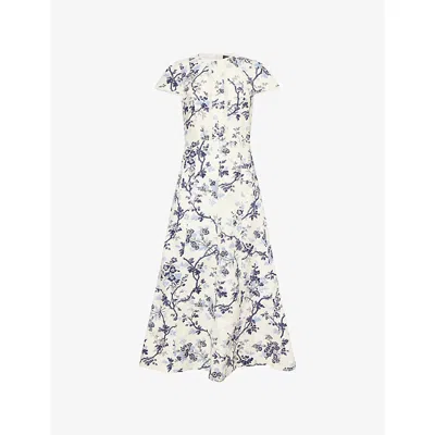 Me And Em And Em Womens Light Cream Blue Mul Modern Botanical Flared Cotton-blend Midi Dress