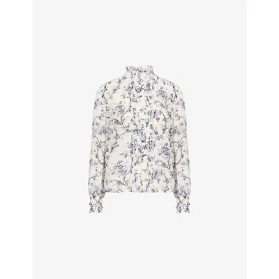 Me And Em And Em Womens Light Cream Blue Ruffled Botanical-print Cotton-silk Blouse