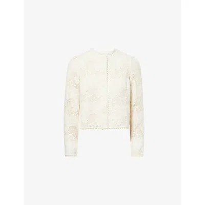 Me And Em And Em Womens Light Cream Boxy-fit Round-neck Cotton-lace Jacket In Sand