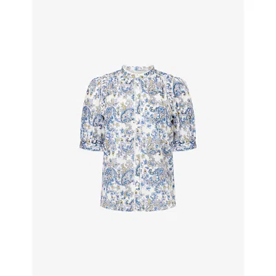 Me And Em Womens  Paisley Embroidered-trim Cotton Top In Light Cream Chambray