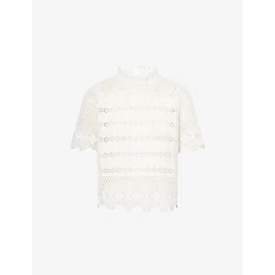 Me And Em And Em Womens Light Cream Ruffle-neck Crochet-lace Cotton T-shirt