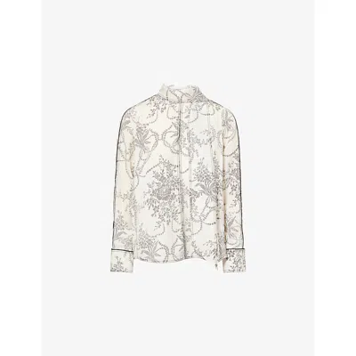 Me And Em And Em Womens Light Cream/black Bouquet-print Tie Silk Blouse In Neutral