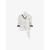 Me And Em And Em Womens Light Cream/black/mu Floral-print Lace-trim Silk Blouse