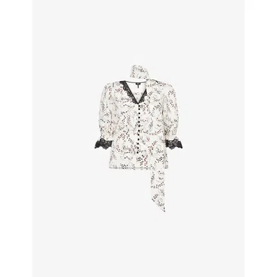 Me And Em And Em Womens Light Cream/black/mu Floral-print Lace-trim Silk Blouse
