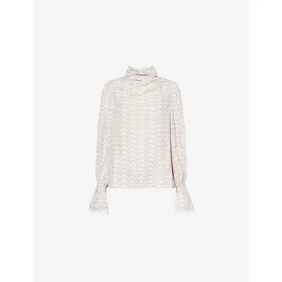 Me And Em And Em Womens Light Cream/brown Ribbon-print Cowl-neck Silk Blouse