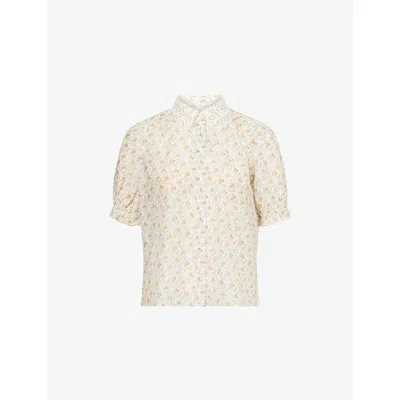 Me And Em Womens  Embroidered-collar Sweet-pea Print Cotton-silk Blouse In Light Cream/buttercr
