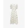Me And Em Womens  Leaf-print Lace-panelled Silk-blend Midi Dress In Light Cream/green