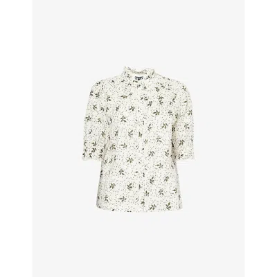 Me And Em Womens  Swirling Leaf-print Cotton-poplin Top In Light Cream/green