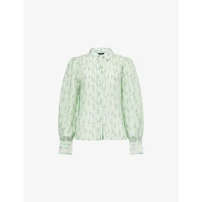 Me And Em And Em Womens Light Cream/green/mu Feather-print Ladder-stitch Cotton And Silk Blouse