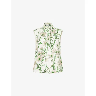 Me And Em And Em Womens Light Cream/green/mu Floral-print Sleeveless Silk Top