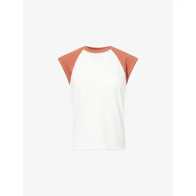 Me And Em And Em Womens Light Cream/rosewood Raw-edge Raglan-sleeve Cotton-jersey Baseball T-shirt In White