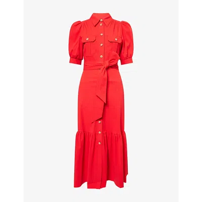 Me And Em And Em Womens Lipstick Red Seersucker Puff-sleeve Cotton-blend Midi Shirt Dress