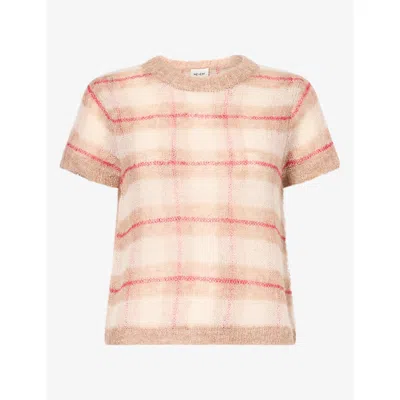 Me And Em And Em Womens Lofty Check Alpaca Wool-blend T-shirt Camel Multi Xs
