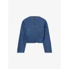 Me And Em Womens  Round-neck Quilted Denim Jacket In Mid Blue Wash