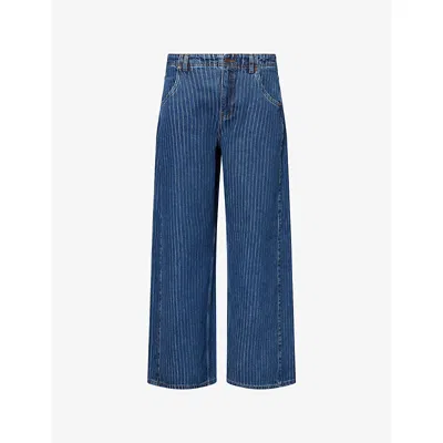 Me And Em And Em Womens Mid Blue Wash Striped Straight-leg Denim Jeans