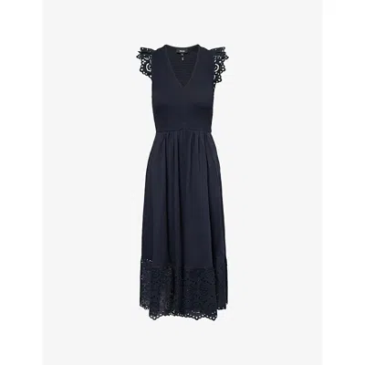 Me And Em And Em Womens Navy Broderie Slub Cotton Midi Dress In Blue