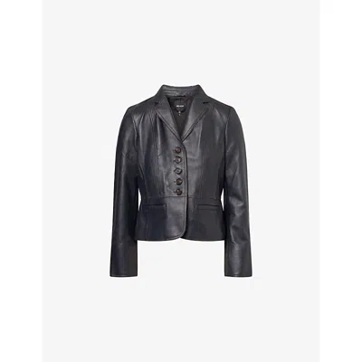 Me And Em And Em Womens Navy Cropped Fitted Leather Blazer In Black