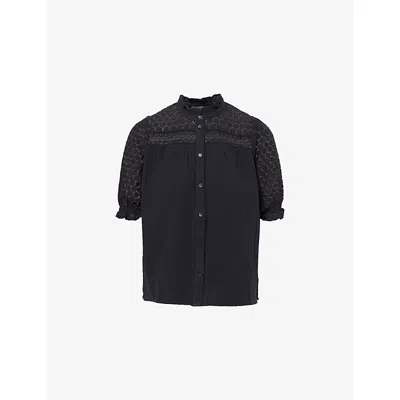 Me And Em And Em Womens Navy Lace-panel Ruffled Cotton Top In Blue