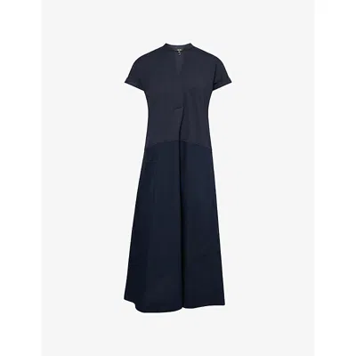Me And Em And Em Womens Navy Mixed-media Open-collar Cotton Maxi Dress