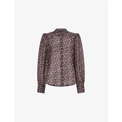 Me And Em And Em Womens Navy Multi Peter Pan Collar Graphic-pattern Cotton-and-silk Shirt