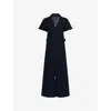 Me And Em And Em Womens Notch-collar Short-sleeve Cotton Tweed Jumpsuit Navy In Navy