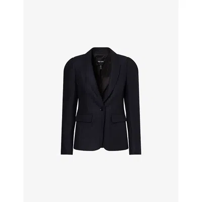 Me And Em And Em Womens Navy Puff-shoulder Single-breasted Wool-blend Blazer In Black