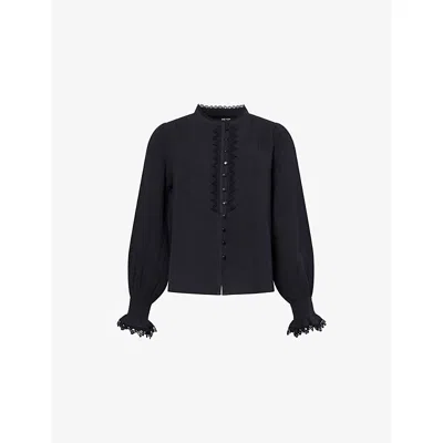Me And Em And Em Womens Navy Scalloped-lace Trim Cotton Blouse In Black