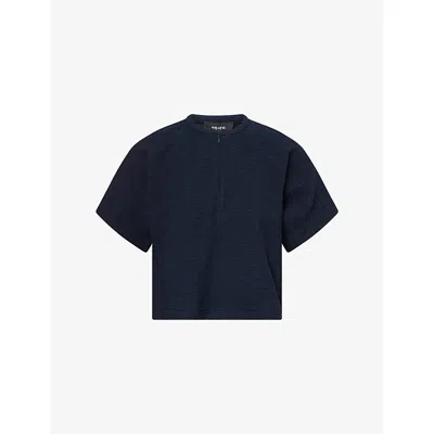 Me And Em And Em Womens Navy Textured Boxy-fit Cotton-blend T-shirt