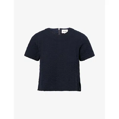 Me And Em And Em Womens Navy Textured Jacquard Stretch-cotton Top In Blue