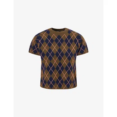 Me And Em And Em Womens Olive/navy/peach Argyle Cashmere-knit Baby Tee In Brown