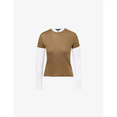 Me And Em And Em Womens Olive/soft White Layered Long-sleeves Cotton-jersey Top In Brown