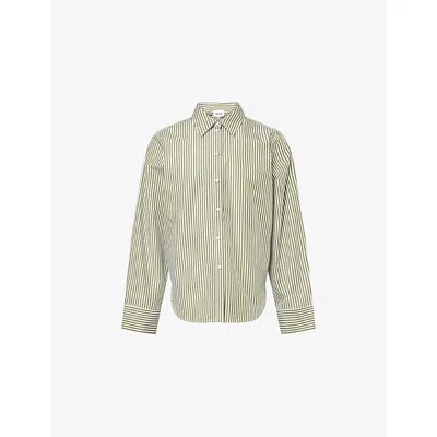 Me And Em And Em Womens Relaxed-fit Pinstripe Cotton Shirt Olive/soft White