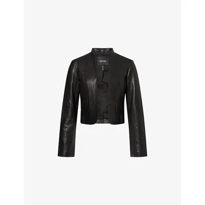 Me And Em And Em Womens Open-front Cropped Leather Jacket Black Brown