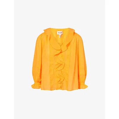 Me And Em And Em Womens Orange Ruffled Embroidered Cotton Top In Yellow
