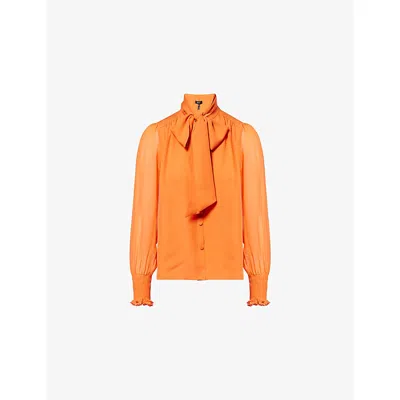 Me And Em Womens  Pussy Bow Sheer-sleeves Silk Blouse In Papaya Orange