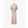 Me And Em Womens  Fabulous Tulips-print Woven Midi Dress In Papaya Orange/blue/m