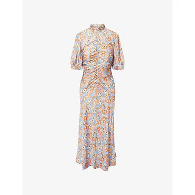 Me And Em Womens  Fabulous Tulips-print Woven Midi Dress In Papaya Orange/blue/m
