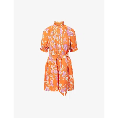 Me And Em Womens  Jacobean Garden Print Swing Woven Mini Dress In Papaya Orange/iris/m