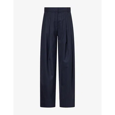 Me And Em And Em Womens Pleated Tapered-leg Wool Trousers Navy/olive In Blue