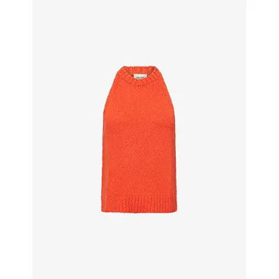 Me And Em And Em Womens Poppy Orange Halterneck Sleeveless Cotton And Linen Blend Top