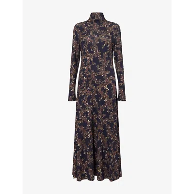 Me And Em And Em Womens Printed Fit And Flare Jersey Maxi Dress Navy Multi In Blue