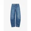 Me And Em And Em Womens Mid Blue Wash Puddle Tapered-leg Denim Jeans In Blue