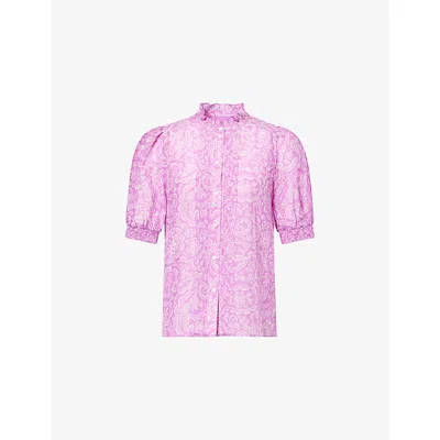 Me And Em And Em Womens Purple/light Cream Entangled Lace-print Short-sleeve Cotton And Silk-blend Blouse