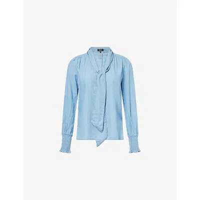 Me And Em And Em Womens Chambray Blue Pussybow Chambray Cotton Blouse