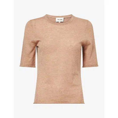 Me And Em And Em Womens Rolled-edge Short-sleeve Cashmere Top Camel Melange