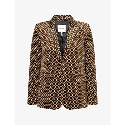 Me And Em And Em Womens Sharp Shoulder Geometric-print Velvet Blazer Brown Multi